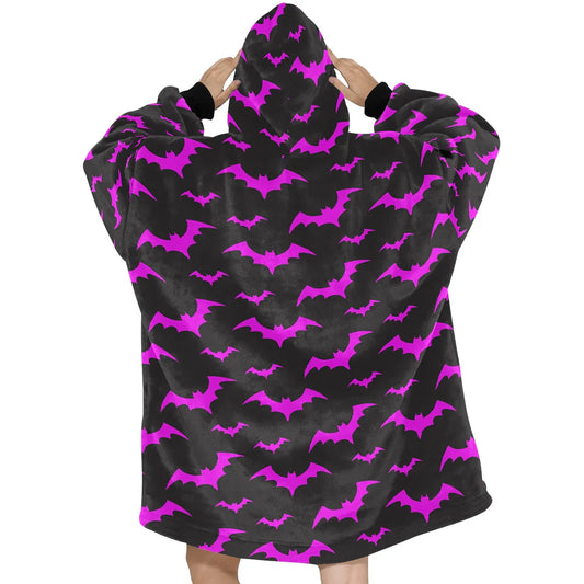 Pink and Dark Grey Bat Print Spooky Blanket Hoodie Pajamas,TS-L-924