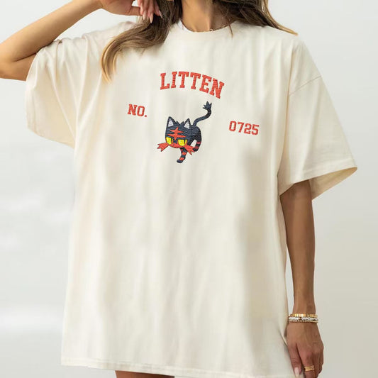 Litten Adorable Pokémon Anime-Themed Embroidered T-Shirt,Crewneck,Hoodie-Trendy Versatile and a Thoughtful Gift for Friends,ICE-1839
