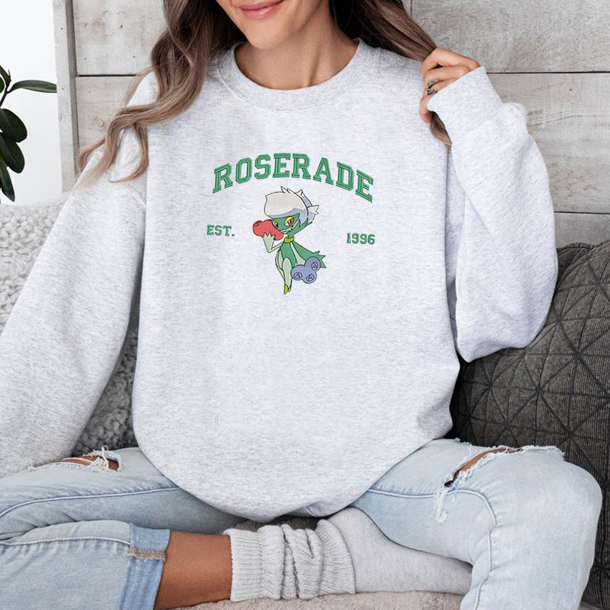 Roserade Adorable Pokémon Anime-Themed Embroidered T-Shirt,Crewneck,Hoodie-Trendy Versatile and a Thoughtful Gift for Friends,ICE-1001