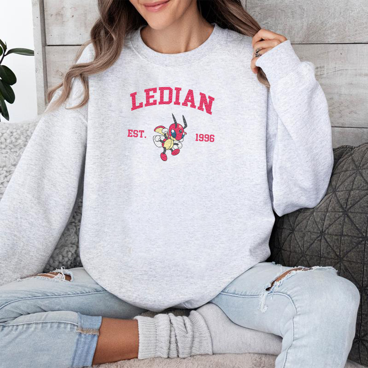 Ledian Adorable Pokémon Anime-Themed Embroidered T-Shirt,Crewneck,Hoodie-Trendy Versatile and a Thoughtful Gift for Friends,ICE-1108