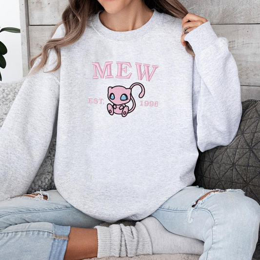 Mew-Q.Adorable Pokémon Anime-Themed Embroidered T-Shirt,Crewneck,Hoodie-Trendy Versatile and a Thoughtful Gift for Friends,ICE-927