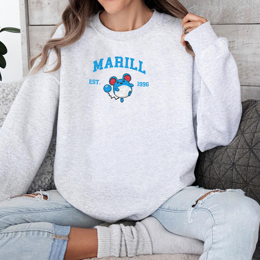 Marill Adorable Pokémon Anime-Themed Embroidered T-Shirt,Crewneck,Hoodie-Trendy Versatile and a Thoughtful Gift for Friends,ICE-1150
