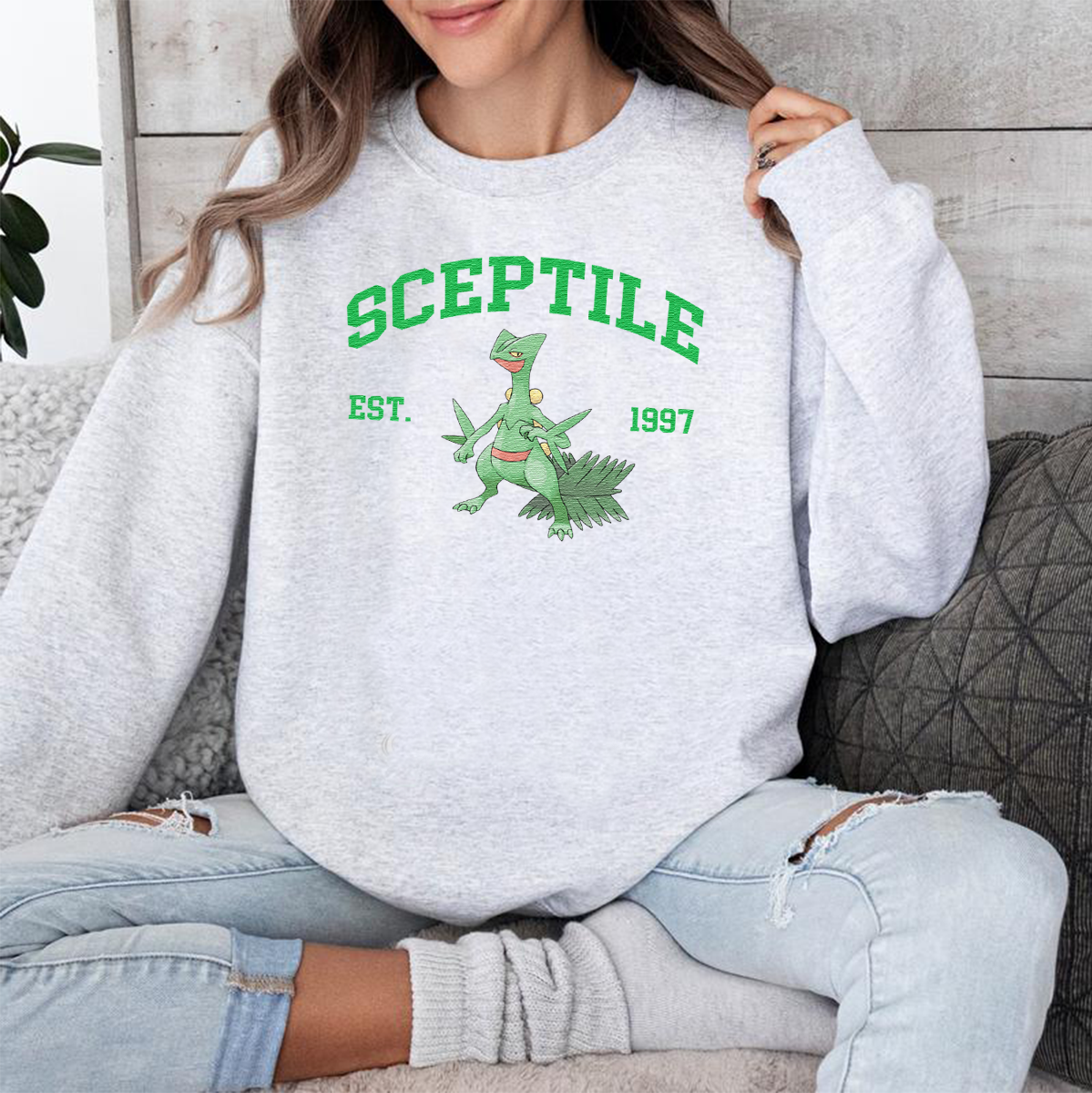 Sceptile Adorable Pokémon Anime-Themed Embroidered T-Shirt,Crewneck,Hoodie-Trendy Versatile and a Thoughtful Gift for Friends,ICE-833