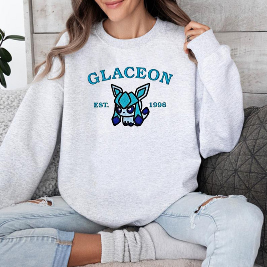 Glaceon-Q. Adorable Pokémon Anime-Themed Embroidered T-Shirt,Crewneck,Hoodie-Trendy Versatile and a Thoughtful Gift for Friends,ICE-916