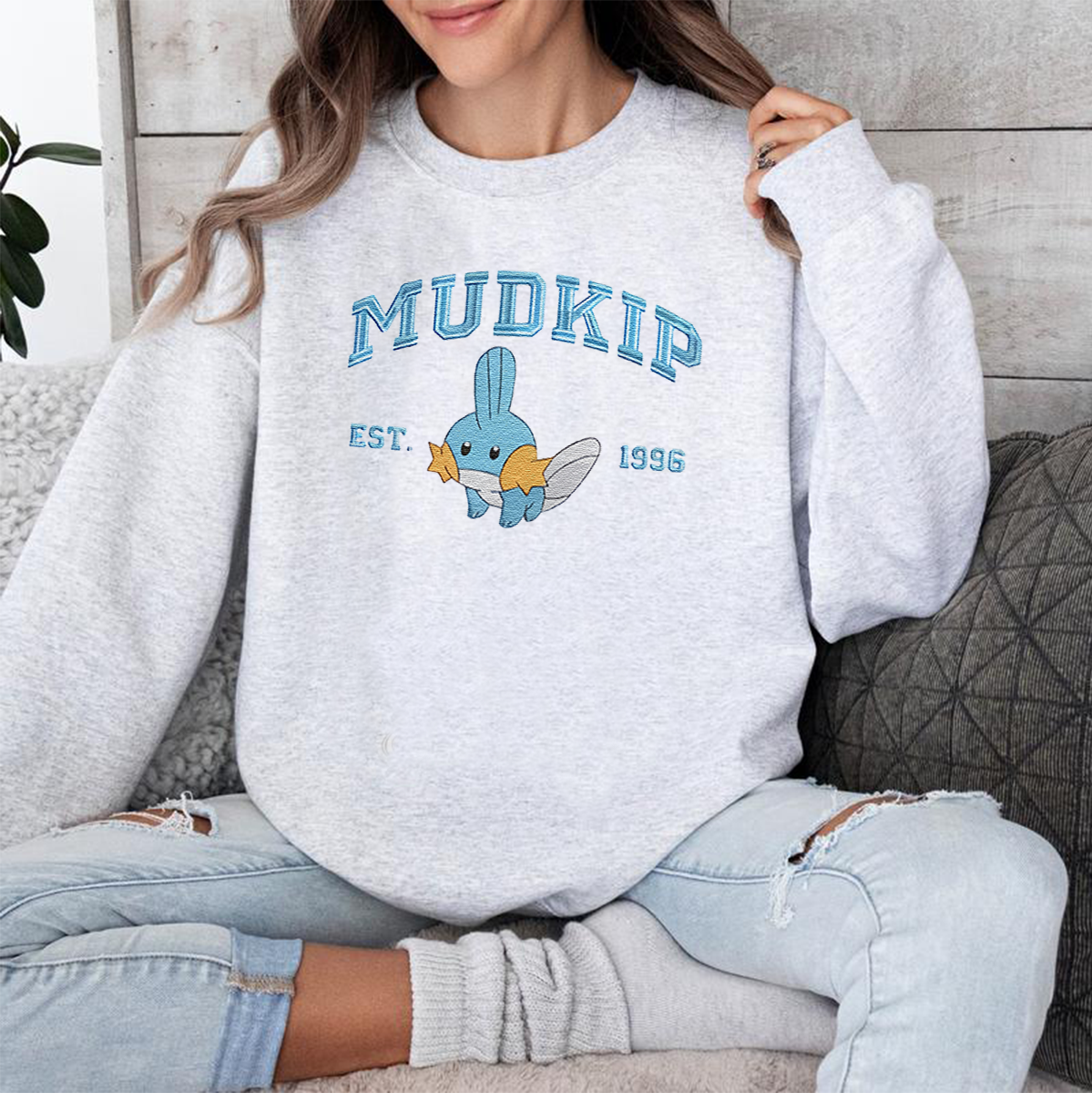 Mudkip Adorable Pokémon Anime-Themed Embroidered T-Shirt,Crewneck,Hoodie-Trendy Versatile and a Thoughtful Gift for Friends,ICE-838