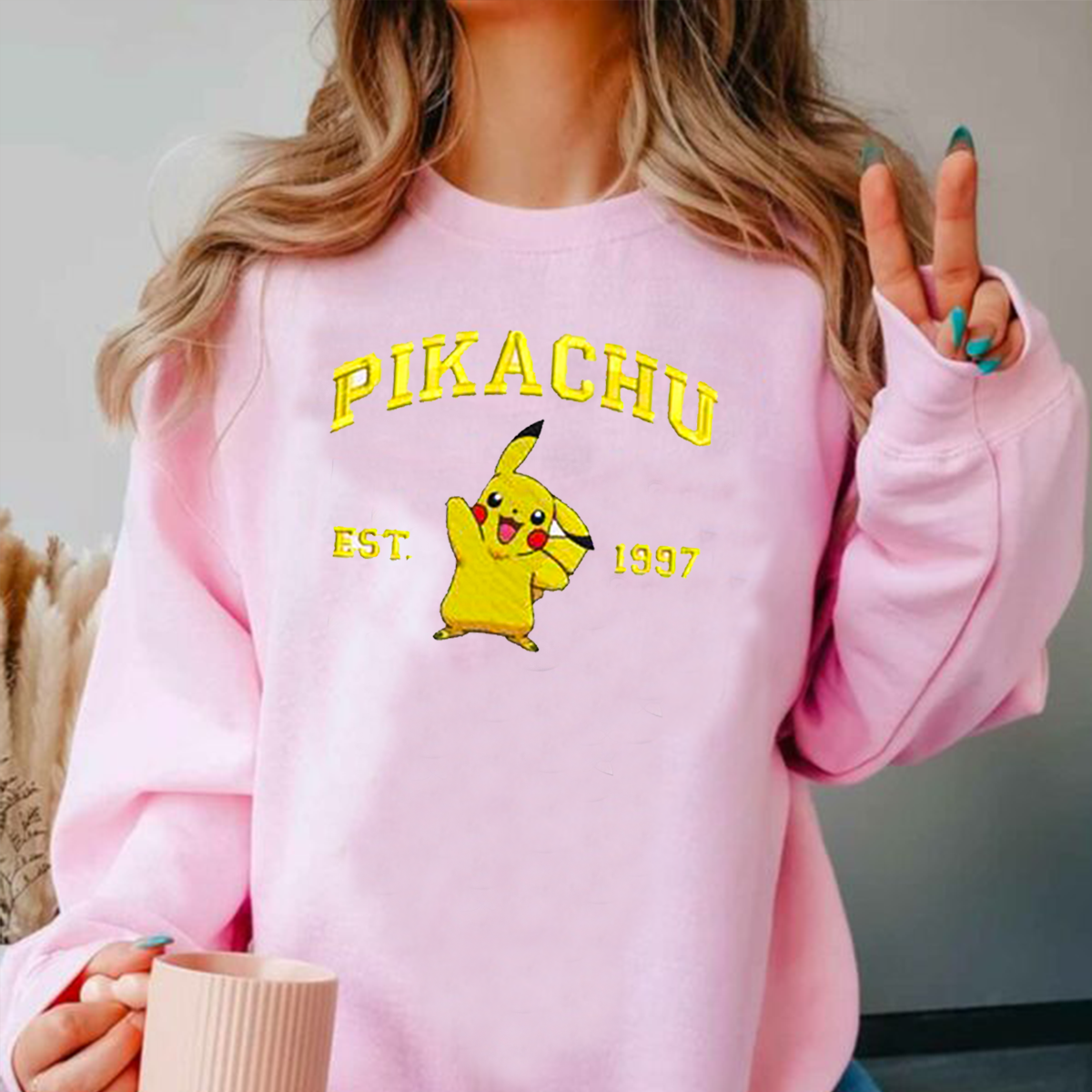 Pikachu Adorable Pokémon Anime-Themed Embroidered T-Shirt,Crewneck,Hoodie-Trendy Versatile and a Thoughtful Gift for Friends,ICE-723
