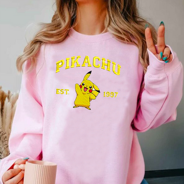 Pikachu Adorable Pokémon Anime-Themed Embroidered T-Shirt,Crewneck,Hoodie-Trendy Versatile and a Thoughtful Gift for Friends,ICE-723
