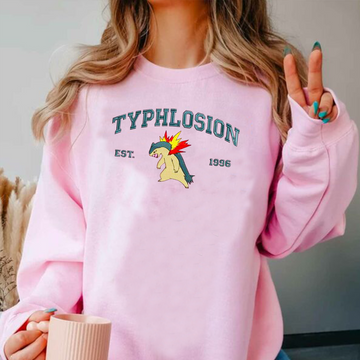 Typhlosion Adorable Pokémon Anime-Themed Embroidered T-Shirt,Crewneck,Hoodie-Trendy Versatile and a Thoughtful Gift for Friends,ICE-729