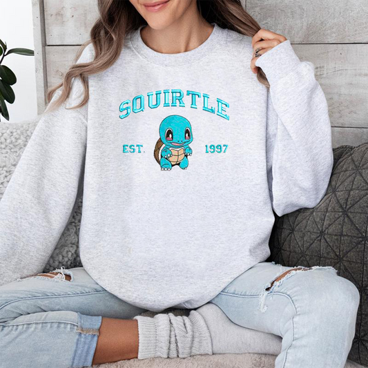 Squirtle Adorable Pokémon Anime-Themed Embroidered T-Shirt,Crewneck,Hoodie-Trendy Versatile and a Thoughtful Gift for Friends,ICE-726