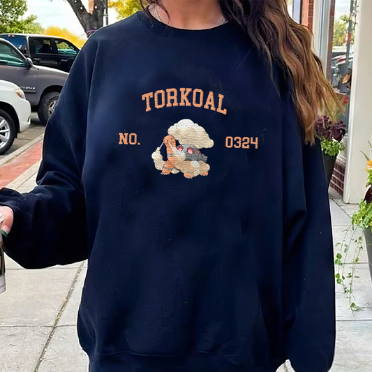 Torkoal Adorable Pokémon Anime-Themed Embroidered T-Shirt,Crewneck,Hoodie-Trendy Versatile and a Thoughtful Gift for Friends,ICE-1840