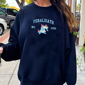 Feraligatr Adorable Pokémon Anime-Themed Embroidered T-Shirt,Crewneck,Hoodie-Trendy Versatile and a Thoughtful Gift for Friends,ICE-1770