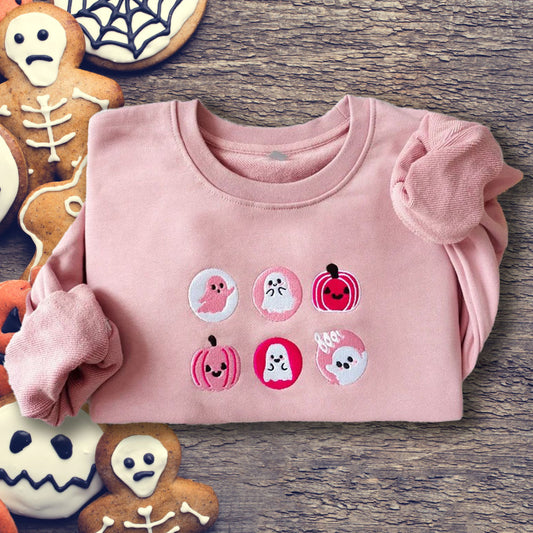 Halloween Cookies Ghost Embroidered Sweatshirt, Pink Spooky Season Crewneck,TS-L-588