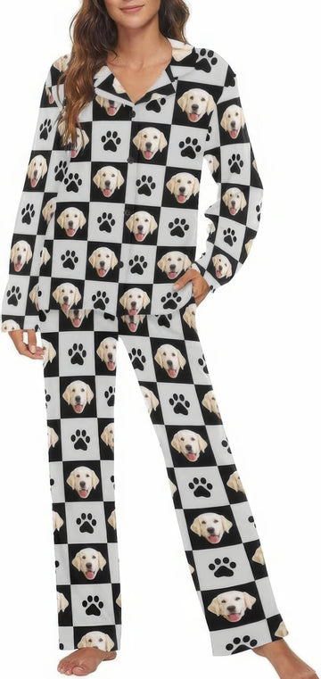 MyPupSocks Personalized Pet Face Pajamas Set Custom Photo Long Sleepwear For Women,P-L-1011