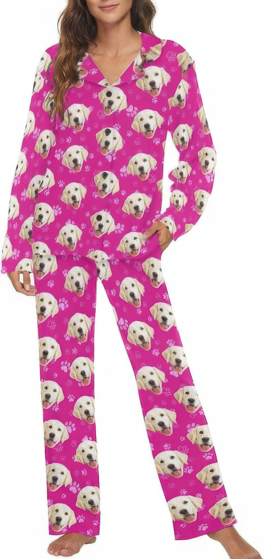 MyPupSocks Personalized Pet Face Pajamas Set Custom Photo Long Sleepwear For Women,P-L-1012