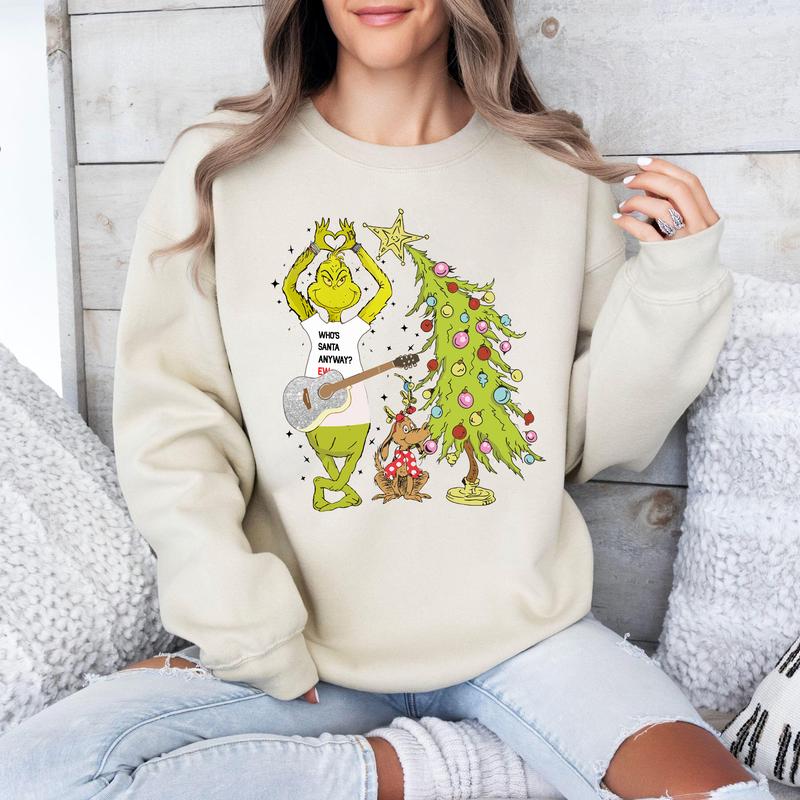 Grinch Mean Guy Who's Santa Anyway Ew Weihnachten T-Shirt, Rundhalsausschnitt, Hoodie, TS-C-1030