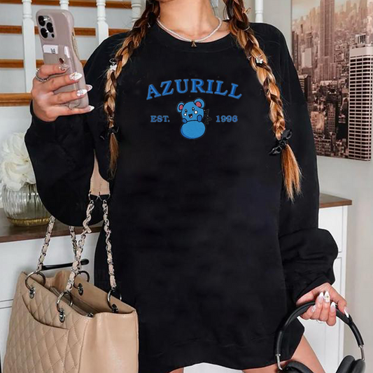 Azurill-Q. Bezauberndes besticktes Pokémon-T-Shirt mit Anime-Motiv, Rundhalsausschnitt, Kapuzenpullover – trendig, vielseitig und ein aufmerksames Geschenk für Freunde, ICE-958