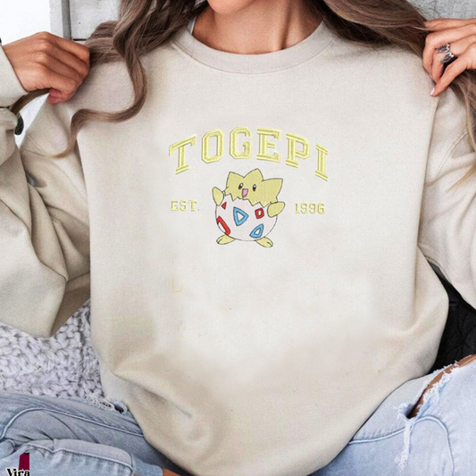 Togepi Adorable Pokémon Anime-Themed Embroidered T-Shirt,Crewneck,Hoodie-Trendy Versatile and a Thoughtful Gift for Friends,ICE-1027