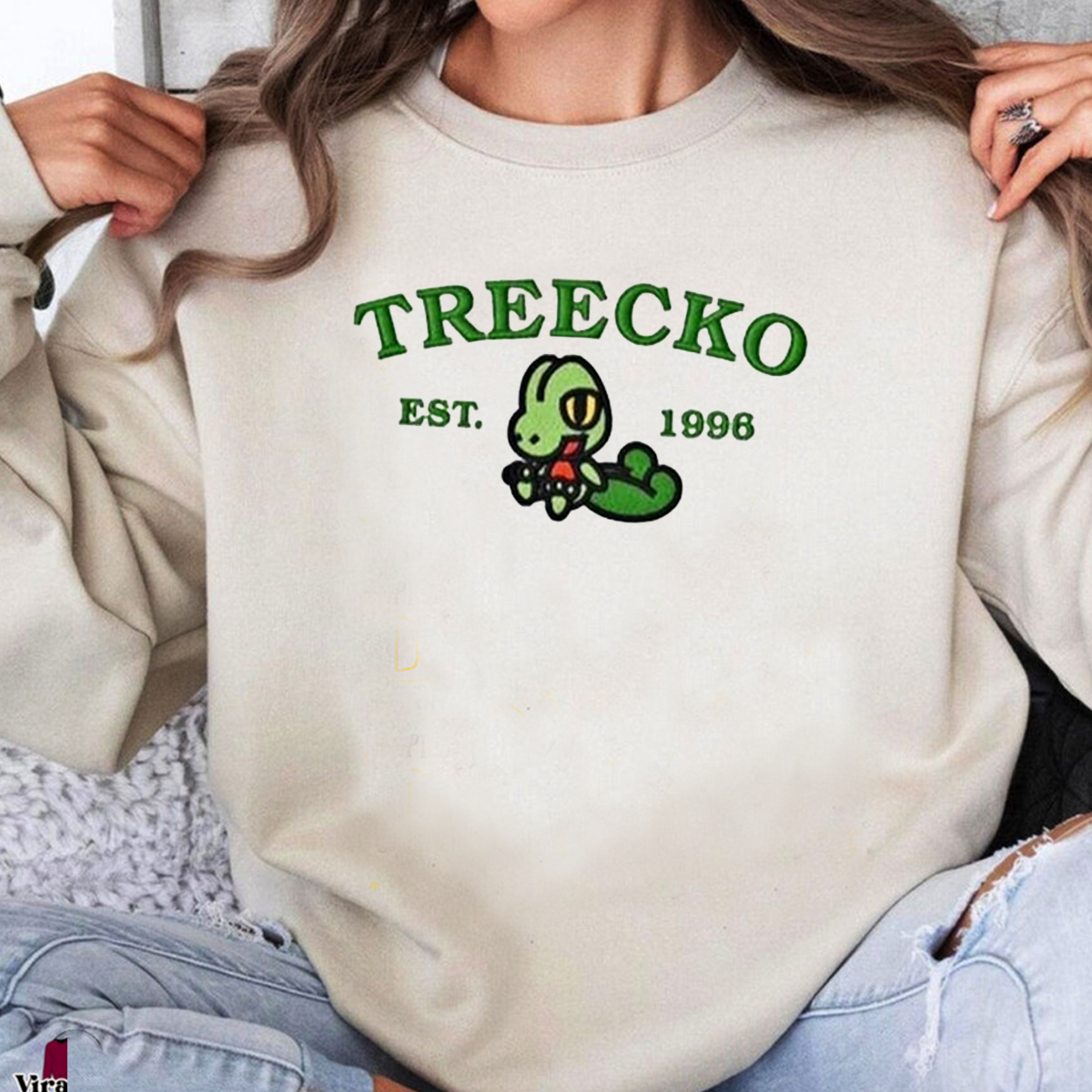 Treecko-Q. Adorable Pokémon Anime-Themed Embroidered T-Shirt,Crewneck,Hoodie-Trendy Versatile and a Thoughtful Gift for Friends,ICE-945