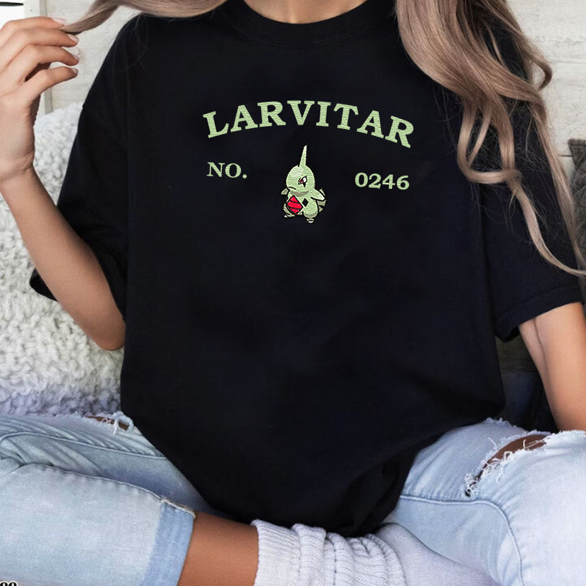 Larvitar-Q.Adorable Pokémon Anime-Themed Embroidered T-Shirt,Crewneck,Hoodie-Trendy Versatile and a Thoughtful Gift for Friends,ICE-1226