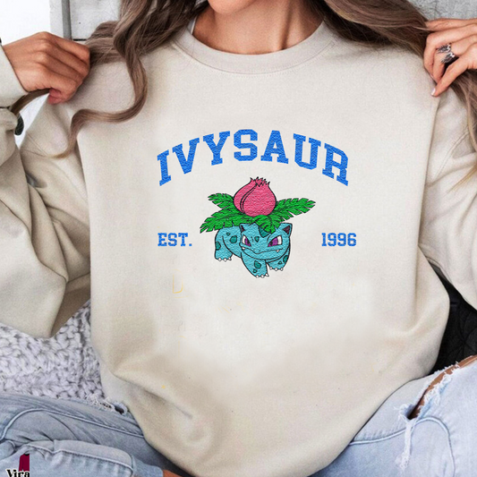 Ivysaur, bezauberndes besticktes Pokémon-T-Shirt mit Anime-Motiv, Rundhalsausschnitt, Kapuzenpullover, trendig, vielseitig und ein aufmerksames Geschenk für Freunde, ICE-910