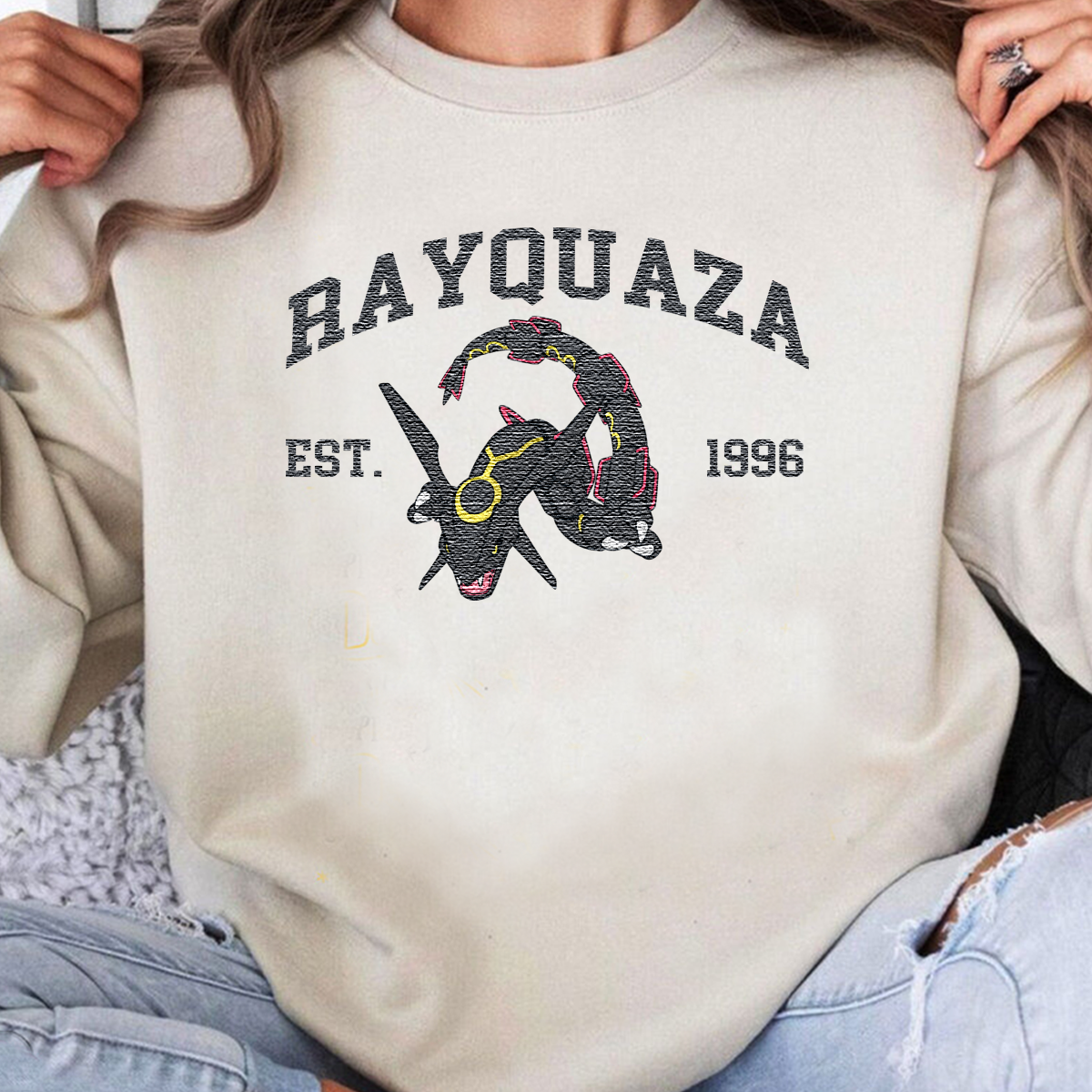 Rayquaza Adorable Pokémon Anime-Themed Embroidered T-Shirt,Crewneck,Hoodie-Trendy Versatile and a Thoughtful Gift for Friends,ICE-1014