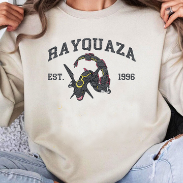 Rayquaza Adorable Pokémon Anime-Themed Embroidered T-Shirt,Crewneck,Hoodie-Trendy Versatile and a Thoughtful Gift for Friends,ICE-1014