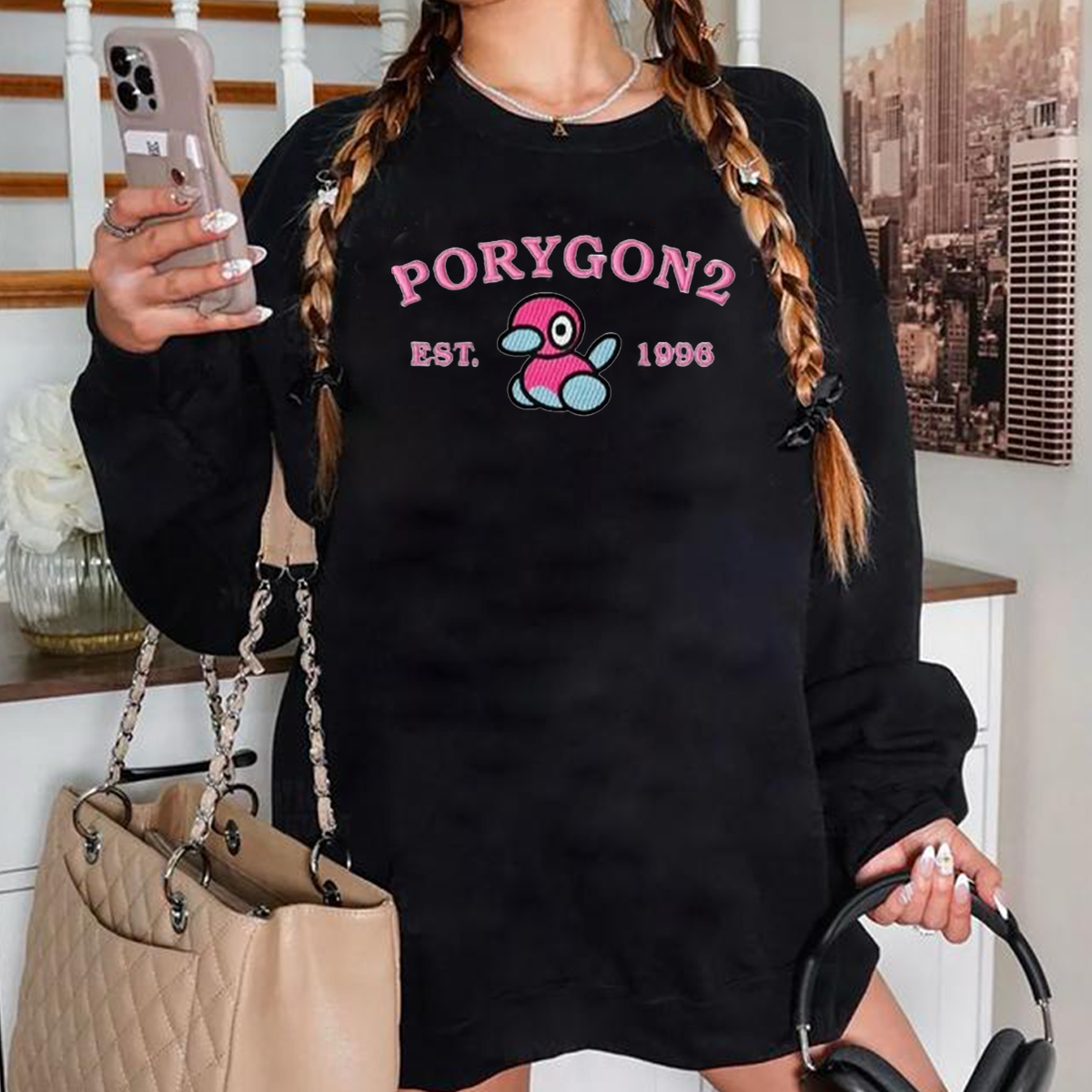 Porygon2-Q. Adorable Pokémon Anime-Themed Embroidered T-Shirt,Crewneck,Hoodie-Trendy Versatile and a Thoughtful Gift for Friends,ICE-939