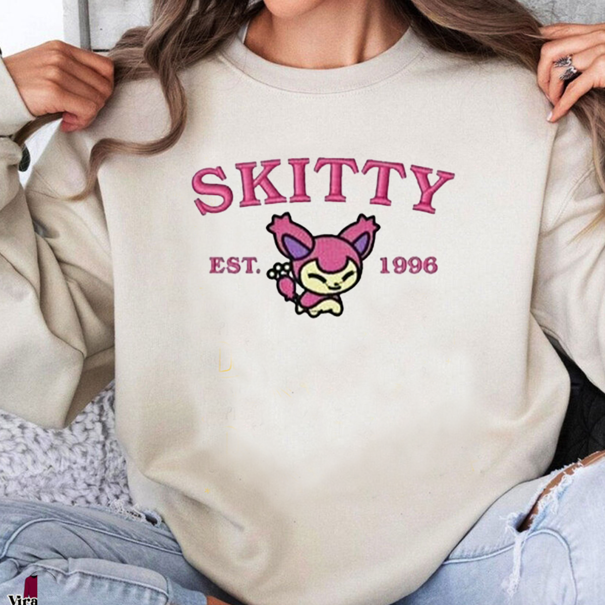 Skitty-Q. Adorable Pokémon Anime-Themed Embroidered T-Shirt,Crewneck,Hoodie-Trendy Versatile and a Thoughtful Gift for Friends,ICE-942