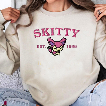 Skitty-Q. Adorable Pokémon Anime-Themed Embroidered T-Shirt,Crewneck,Hoodie-Trendy Versatile and a Thoughtful Gift for Friends,ICE-942