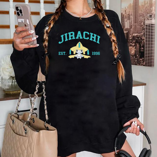Jirachi Adorable Pokémon Anime-Themed Embroidered T-Shirt,Crewneck,Hoodie-Trendy Versatile and a Thoughtful Gift for Friends,ICE-1100