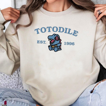 Totodile-Q. Adorable Pokémon Anime-Themed Embroidered T-Shirt,Crewneck,Hoodie-Trendy Versatile and a Thoughtful Gift for Friends,ICE-952