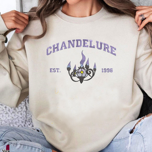 Chandelure Bezauberndes Pokémon-T-Shirt mit Anime-Motiv und Stickerei, Rundhalsausschnitt, Kapuzenpullover, trendig, vielseitig und ein aufmerksames Geschenk für Freunde, ICE-886
