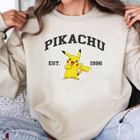Pikachu Adorable Pokémon Anime-Themed Embroidered T-Shirt,Crewneck,Hoodie-Trendy Versatile and a Thoughtful Gift for Friends,ICE-923