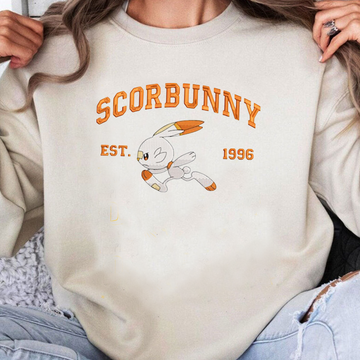 Scorbunny Adorable Pokémon Anime-Themed Embroidered T-Shirt,Crewneck,Hoodie-Trendy Versatile and a Thoughtful Gift for Friends,ICE-844