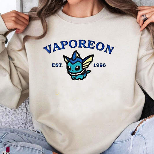 Vaporeon-Q. Bezauberndes besticktes Pokémon-T-Shirt mit Anime-Motiv, Rundhalsausschnitt, Kapuzenpullover – trendig, vielseitig und ein aufmerksames Geschenk für Freunde, ICE-909