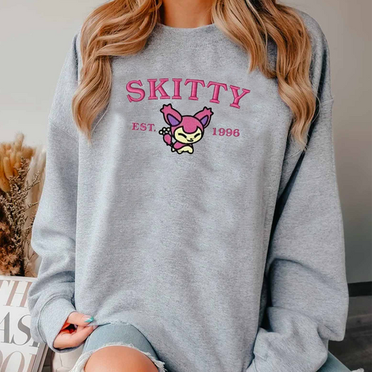 Skitty-Q. Adorable Pokémon Anime-Themed Embroidered T-Shirt,Crewneck,Hoodie-Trendy Versatile and a Thoughtful Gift for Friends,ICE-942