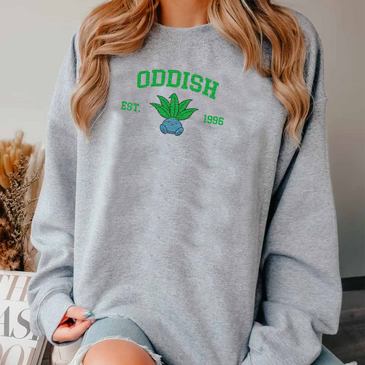 Oddish Adorable Pokémon Anime-Themed Embroidered T-Shirt,Crewneck,Hoodie-Trendy Versatile and a Thoughtful Gift for Friends,ICE-1168