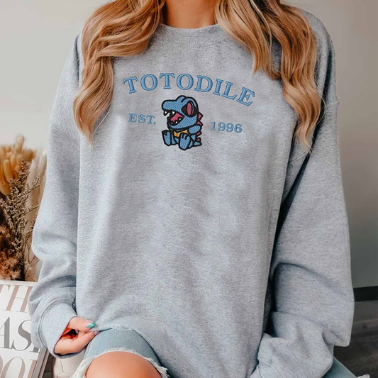 Totodile-Q. Adorable Pokémon Anime-Themed Embroidered T-Shirt,Crewneck,Hoodie-Trendy Versatile and a Thoughtful Gift for Friends,ICE-952