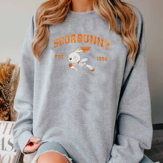 Scorbunny Adorable Pokémon Anime-Themed Embroidered T-Shirt,Crewneck,Hoodie-Trendy Versatile and a Thoughtful Gift for Friends,ICE-844