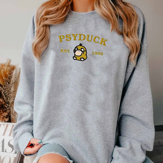 Psyduck-Q. Adorable Pokémon Anime-Themed Embroidered T-Shirt,Crewneck,Hoodie-Trendy Versatile and a Thoughtful Gift for Friends,ICE-938