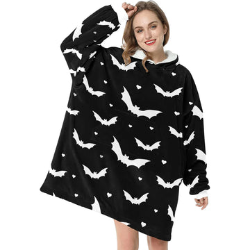 Black & White Bat Print Blanket Hoodie Pajamas,TS-L-922