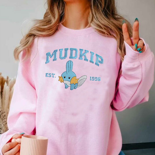 Mudkip Adorable Pokémon Anime-Themed Embroidered T-Shirt,Crewneck,Hoodie-Trendy Versatile and a Thoughtful Gift for Friends,ICE-838