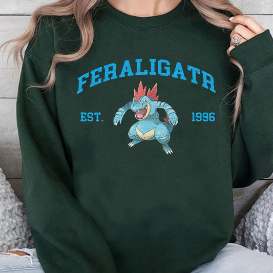 Feraligatr Adorable Pokémon Anime-Themed Embroidered T-Shirt,Crewneck,Hoodie-Trendy Versatile and a Thoughtful Gift for Friends,ICE-836