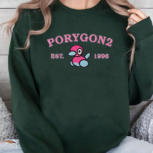 Porygon2-Q. Adorable Pokémon Anime-Themed Embroidered T-Shirt,Crewneck,Hoodie-Trendy Versatile and a Thoughtful Gift for Friends,ICE-939