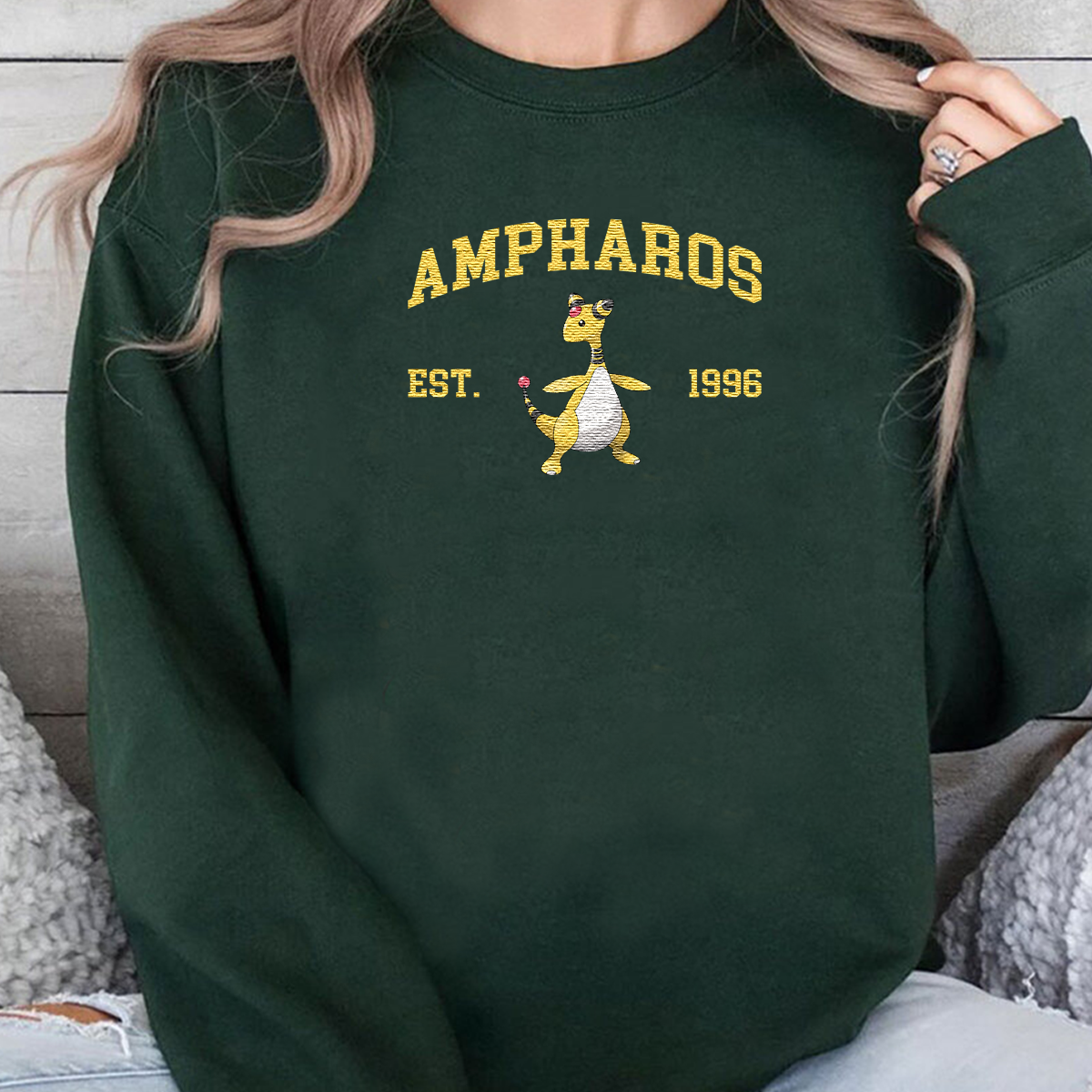 Ampharos Adorable Pokémon Anime-Themed Embroidered T-Shirt,Crewneck,Hoodie-Trendy Versatile and a Thoughtful Gift for Friends,ICE-1105
