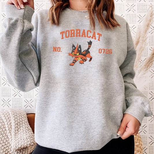 Torracat Adorable Pokémon Anime-Themed Embroidered T-Shirt,Crewneck,Hoodie-Trendy Versatile and a Thoughtful Gift for Friends,ICE-1560