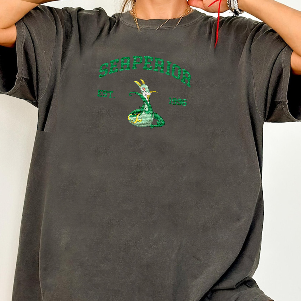 Serperior Adorable Pokémon Anime-Themed Embroidered T-Shirt,Crewneck,Hoodie-Trendy Versatile and a Thoughtful Gift for Friends,ICE-908