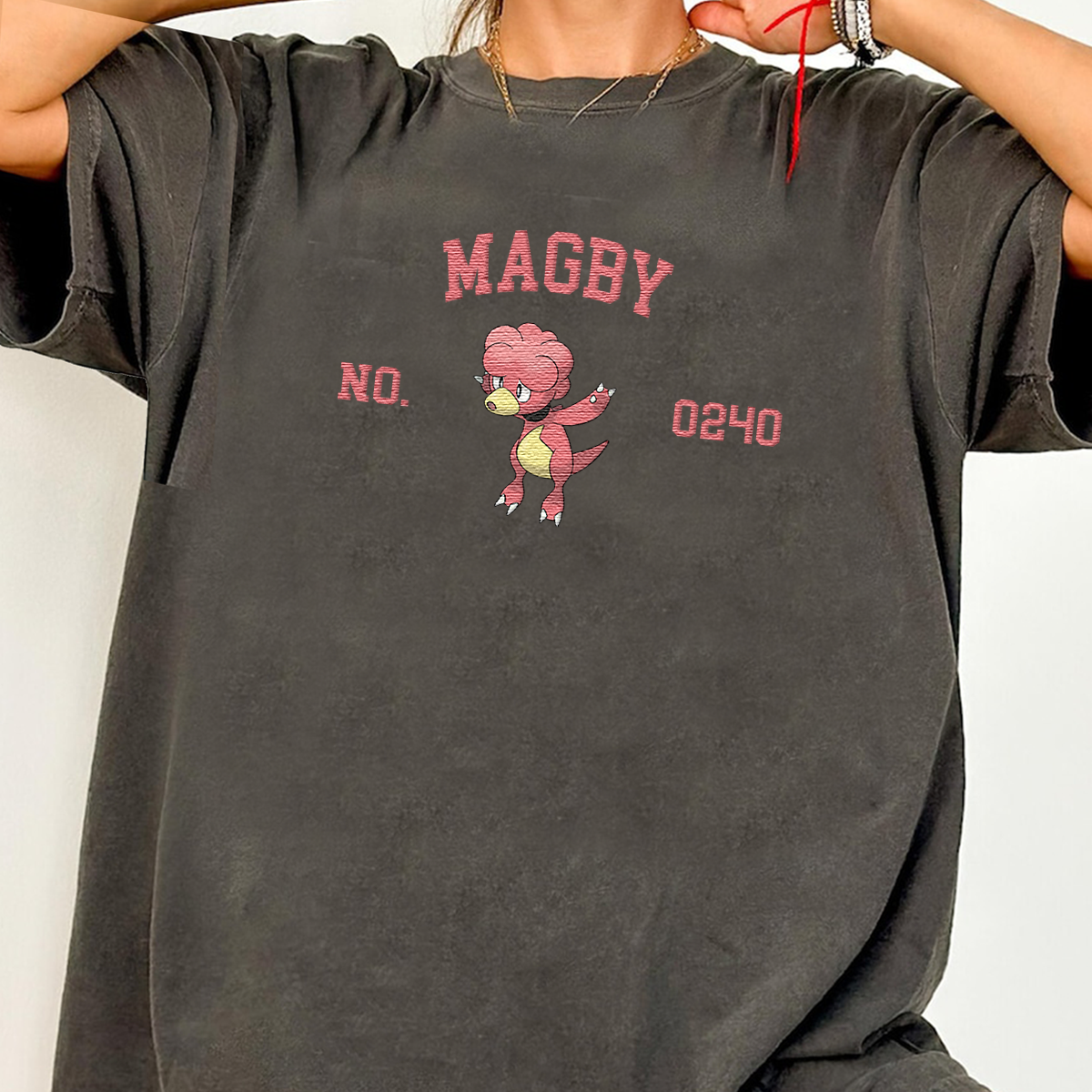 Magby Adorable Pokémon Anime-Themed Embroidered T-Shirt,Crewneck,Hoodie-Trendy Versatile and a Thoughtful Gift for Friends,ICE-1617