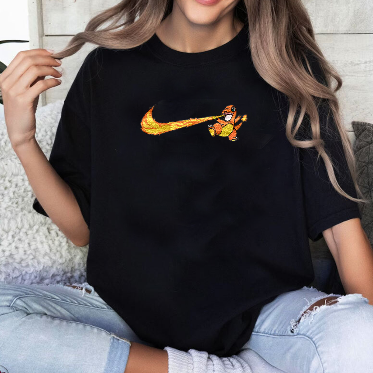Charmander Adorable Pokémon Anime-Themed Embroidered T-Shirt,Crewneck,Hoodie-Trendy Versatile and a Thoughtful Gift for Friends,ICE-1351