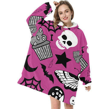 Pink Spooky Halloween Print Blanket Hoodie Pajamas,TS-L-928